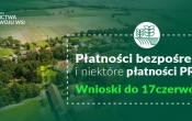 Widok z lotu ptaka na łąki i pola. W ramce napis platnosci bezposrednie oraz niektore platnosci PROW. Wnioski do 17 czerwca br.
