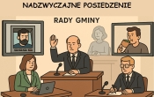 ilustracja przedstawiająca postacie mężczyzn i kobiet podczas obrad rady gminy