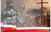 Grafika przedtsawiajaca Mieszka I, w tle krzyz i ludzie
