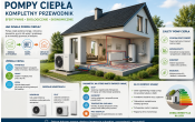 grafika przedstawiajaca dom z pompa ciepla. Wokol grafiki napisy