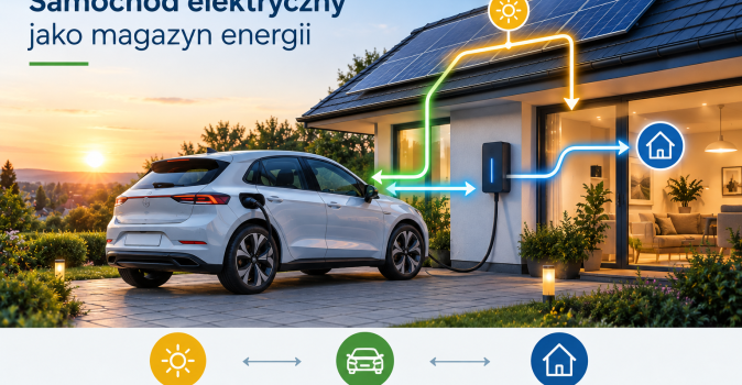 samochod elektryczny przed domem z instalacja fotowoltaiczna, na dole napisy